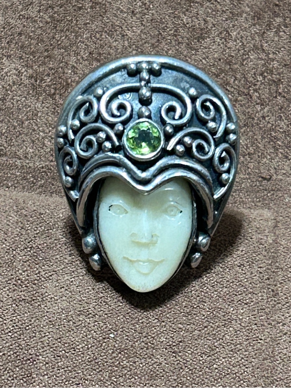 Vintage Sajen Sterling Silver Goddess Ring with Carved Bone and Peridot-Size 6